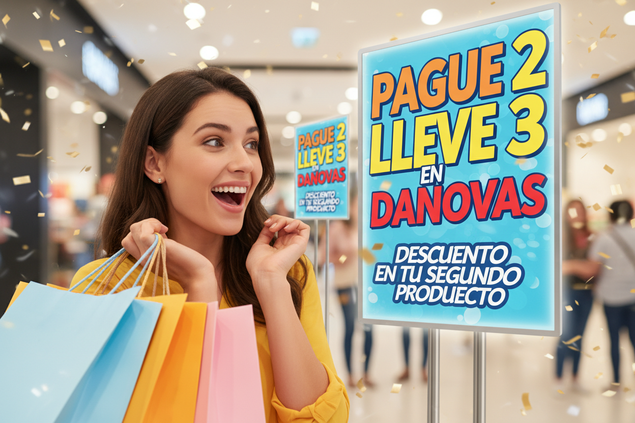 creame una persona viendo ofertas que diga pague 2 lleve 3 en danovas y este super contento y que aparezca tambien (descuento en tu segundo producto)